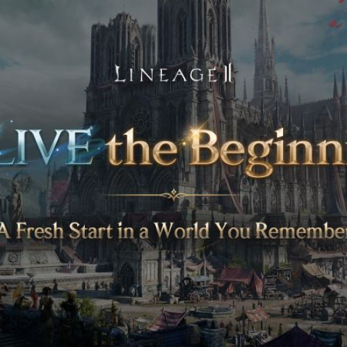 Ilustración promocional del videojuego Lineage II que muestra una ciudad de arquitectura medieval fantástica con un gran castillo gótico de fondo bajo un cielo nublado, acompañada por el texto ReLIVE the Beginning.