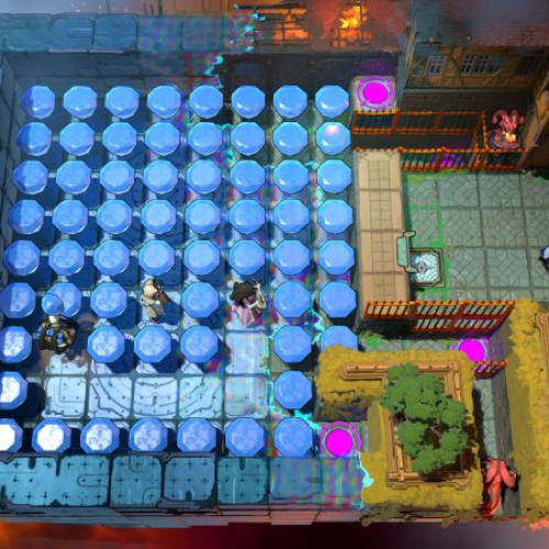 Vista cenital de un complejo puzle geométrico en Order of the Sinking Star, con una plataforma cuadrada repleta de fichas cilíndricas azules y personajes interactuando en pasajes de piedra, ambientado en un entorno fantástico con ruinas flotantes y cielos envueltos en fuego.