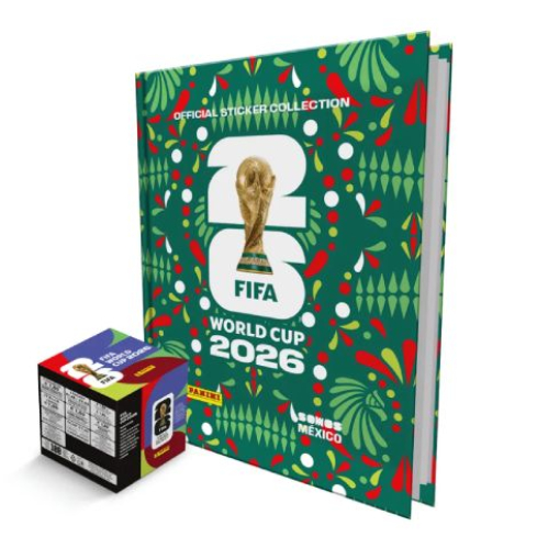 Álbum y caja de sobres oficiales de la Copa Mundial de la FIFA 2026™, con diseño verde y elementos gráficos alusivos al torneo.
