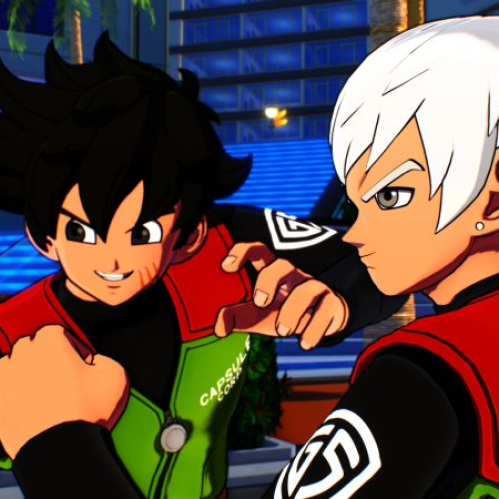 Dos personajes con atuendos de combate en un entorno urbano iluminado, en pose dinámica.