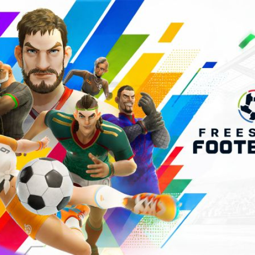Arte promocional con personajes estilizados realizando jugadas de futbol en un entorno colorido.