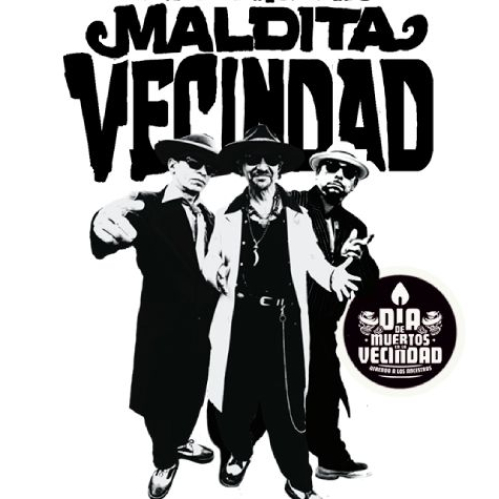 Fotografía en blanco y negro de los integrantes de Maldita Vecindad con estética clásica, acompañada de información del concierto y fechas.