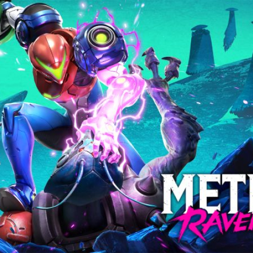 Arte promocional de Metroid Ravenous mostrando a Samus Aran en un entorno alienígena sosteniendo su cañón de energía.