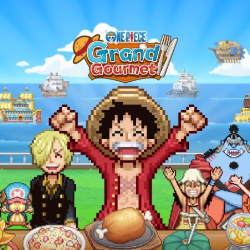 Personajes en estilo pixelado celebran alrededor de una mesa repleta de comida en un entorno marítimo colorido.