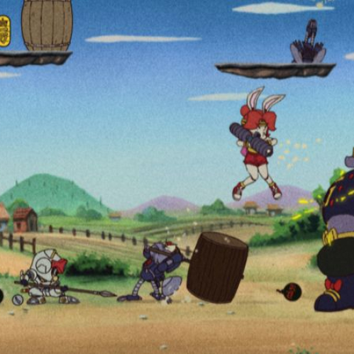 Captura de pantalla de jugabilidad con estética de animación retro en 2D de Samurai Pizza Cats: Blast From The Past, mostrando combates de plataformas entre los gatos samurai y enemigos en un escenario rural con interfaz retro.
