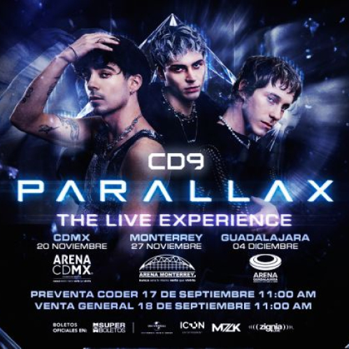 Póster promocional oficial de la gira PARALLAX de CD9 sobre un fondo cósmico en tonos azul oscuro y destellos luminosos. En el centro aparecen Alan Navarro, Along y Jos Canela vistiendo atuendos oscuros con toques metálicos. Al centro destaca el título CD9 PARALLAX THE LIVE EXPERIENCE junto con las fechas de CDMX (20 de noviembre), Monterrey (27 de noviembre) y Guadalajara (4 de diciembre), además de la información sobre la Preventa Coder del 17 de septiembre.