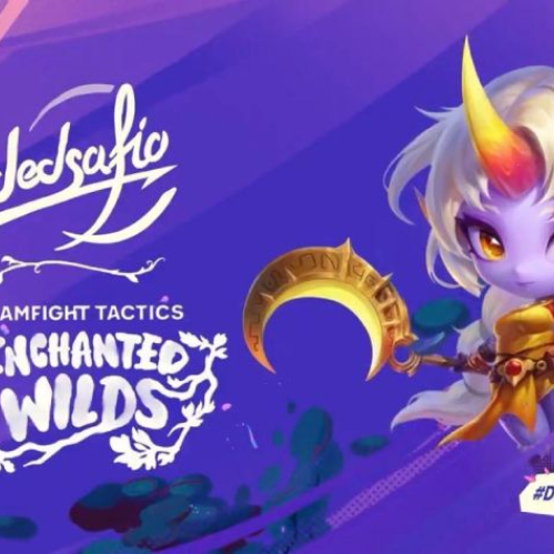 Arte promocional en tonos morados con el logotipo de Dedsafío, el título Teamfight Tactics Enchanted Wilds y el personaje Soraka Chibi con varita y cuerno dorado sobre el hashtag DEDsafioTFT.