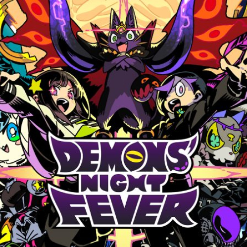 Arte principal de Demons' Night Fever con estilo anime colorido y oscuro, mostrando a los personajes principales Killshiro y el demonio con alas rodeados de criaturas y monstruos sobre un fondo morado. Archivo: Demons' Night Fever - Main Visual.jpg.