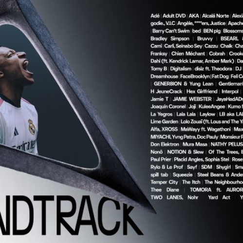 Aviso publicitario oficial del soundtrack de EA SPORTS FC 27 con fondo gris e industrial. A la izquierda aparece una captura del futbolista Vinícius Júnior celebrando con la playera del Real Madrid dentro de un marco triangular. A la derecha se despliega el listado completo de los 120 artistas en tipografía blanca sobre fondo negro.