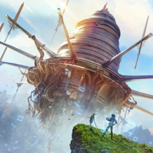 Estructura flotante de diseño futurista observada por dos figuras con armadura en un entorno fantástico iluminado por el cielo.