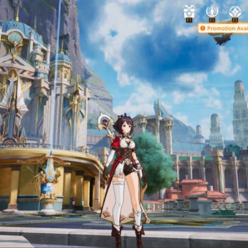 Captura de un videojuego de fantasía con una protagonista sosteniendo un bastón en una ciudad de arquitectura monumental.