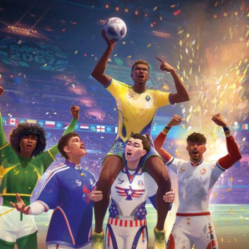 Jugadores celebrando un triunfo futbolístico en un estadio lleno de público y banderas internacionales.