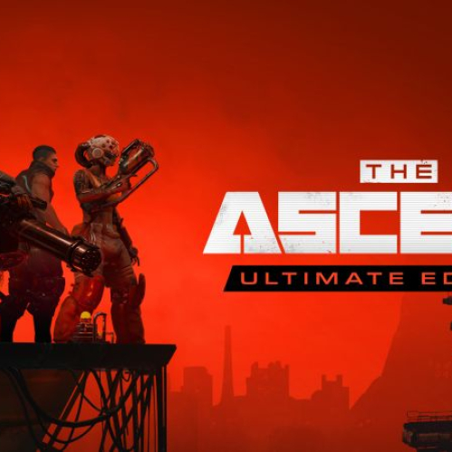 Tres guerreros armados con equipamiento futurista sobre la cornisa de un edificio mirando hacia un paisaje urbano en tonos rojizos, junto al logotipo de The Ascent Ultimate Edition.
