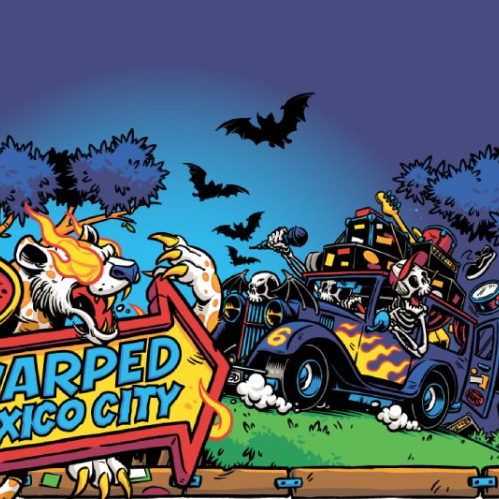 Ilustración de estilo cómic con un letrero de madera con borde amarillo que dice Vans Warped Tour Mexico City, flanqueado por la garra de un felino en llamas y un vehículo clásico conducido por esqueletos con instrumentos musicales bajo murciélagos en el cielo.