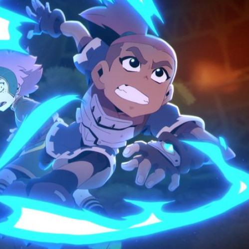 Dos personajes animados en un estadio mientras uno de ellos libera energía azul en un ataque dinámico.