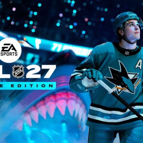 Un jugador de hockey sobre hielo vistiendo el uniforme azul de San Jose Sharks sostiene su palo en la pista, con la cabeza de un tiburón con la boca abierta e iluminación azul de fondo junto al logotipo de EA SPORTS NHL 27 Deluxe Edition.