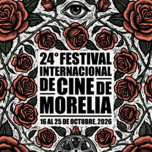 Cartel ilustrado con rosas rojas, hojas verdes y elementos cinematográficos en una composición de estilo grabado.