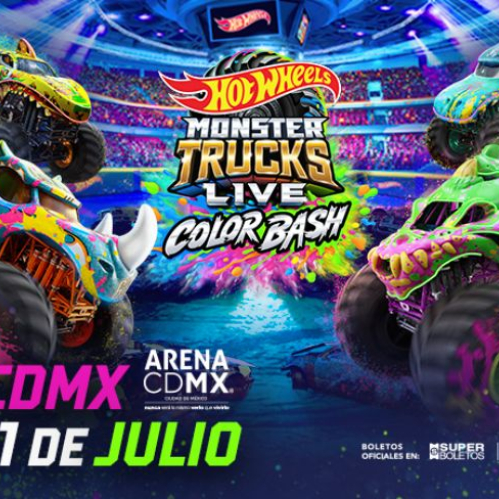 Promocional gráfico con fondo de arena de espectáculos iluminada en tonos azules y morados. En el centro aparece el logotipo oficial de Hot Wheels Monster Trucks Live Color Bash. A los costados y en primer plano se aprecian cuatro camiones gigantes de colores brillantes (verde, azul, rojo y amarillo) salpicados de pintura de colores sobre la pista. En la parte inferior destaca el texto Arena CDMX 10 y 11 de julio.