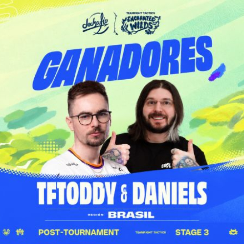 Retrato de los competidores TFToddy y Daniels haciendo un gesto de aprobación sobre un fondo verde y azul con el texto GANADORES, el logotipo de Dedsafío, Enchanted Wilds y la bandera de Brasil.