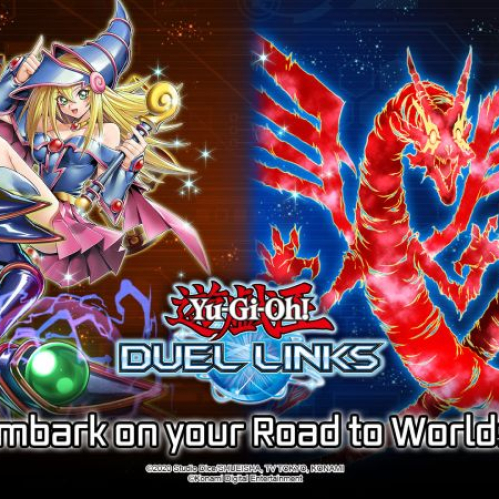 Ilustración promocional con personajes icónicos de Yu-Gi-Oh! y un dragón en un fondo dividido por tonos rojos y azules.