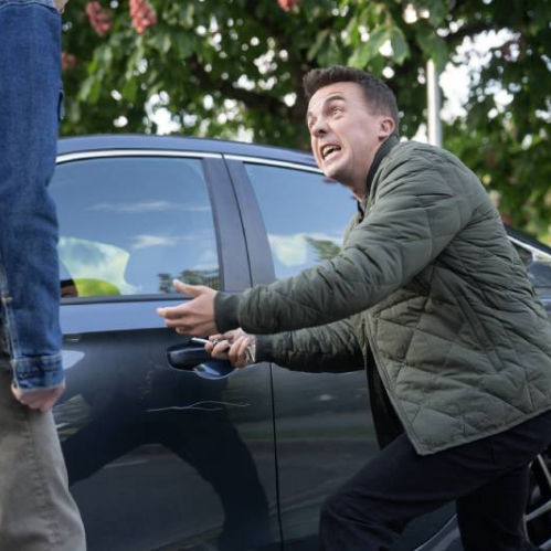 Dos personas interactúan con tensión junto a un automóvil oscuro, una de ellas sujetando la puerta mientras gesticula con fuerza, en un entorno urbano con un árbol floreado al fondo.