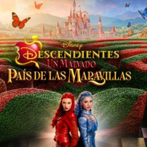 Dos personajes posan frente a un laberinto colorido con un castillo al fondo en un entorno fantástico.