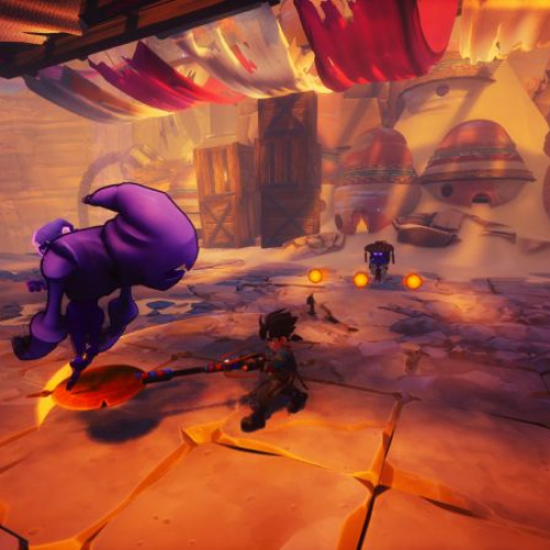 Captura dentro del juego Duskfade que muestra al protagonista Zirian empuñando una espada mecánica frente a una criatura violeta de sombras en una plaza desértica con vasijas gigantes y arquitectura de arcilla estilo clockpunk iluminada por antorchas en un entorno cálido.