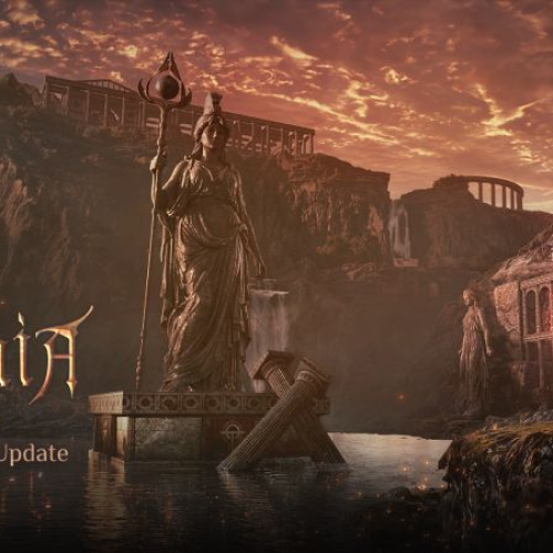 Imagen promocional oficial de Black Desert Edania Part II con cielo atardecido de tonos cobrizos y nubes rojizas. A la izquierda se observa una gran estatua de piedra con túnica y lanza parada sobre una estructura en el agua ante ruinas clásicas de pilares, mientras que a la derecha un guerrero armado con armadura oscura y capa de fuego observa el paisaje desde un acantilado.