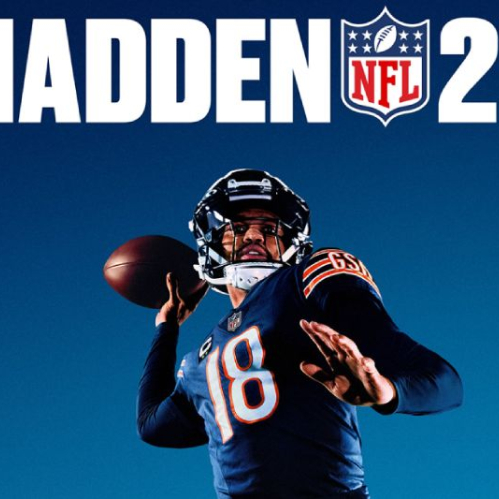 Portada promocional del videojuego EA SPORTS Madden NFL 27 sobre un fondo azul. Muestra al mariscal de campo con el uniforme oscuro de los Chicago Bears luciendo el número 18, a punto de realizar un pase con el balón de fútbol americano en la mano derecha.