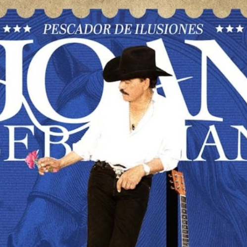 Arte promocional con Joan Sebastian posando junto a una guitarra sobre fondo azul.
