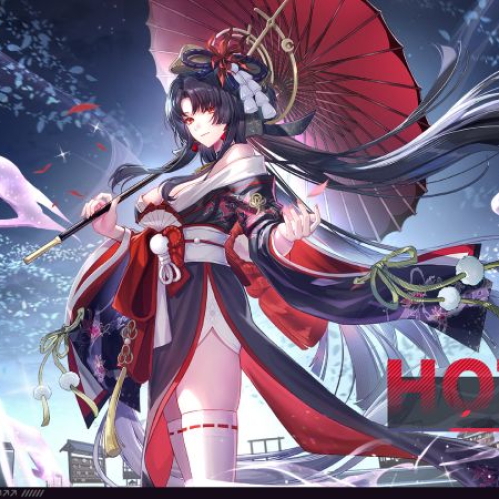 Ilustración de un personaje femenino con atuendo inspirado en estética japonesa, sosteniendo un parasol rojo en un entorno místico.