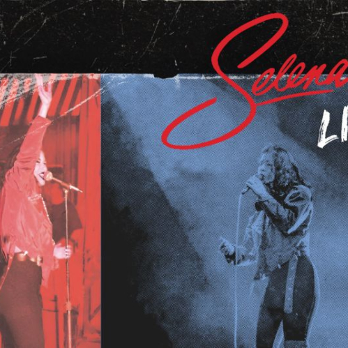 Arte promocional del álbum “Selena Live”, con fotografías de la artista en concierto.