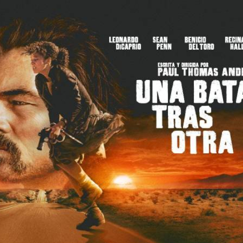 Arte promocional con un rostro masculino en primer plano sobre un paisaje desértico al atardecer, acompañado de una figura femenina en posición de acción sosteniendo un arma.