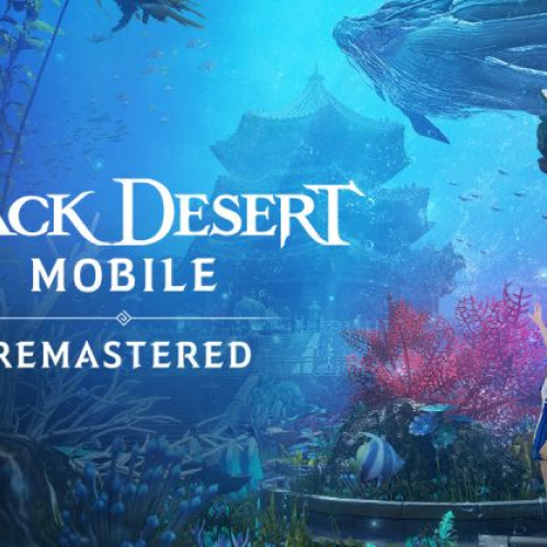Arte promocional de Black Desert Mobile Remastered con temática submarina y arquitectura fantástica.