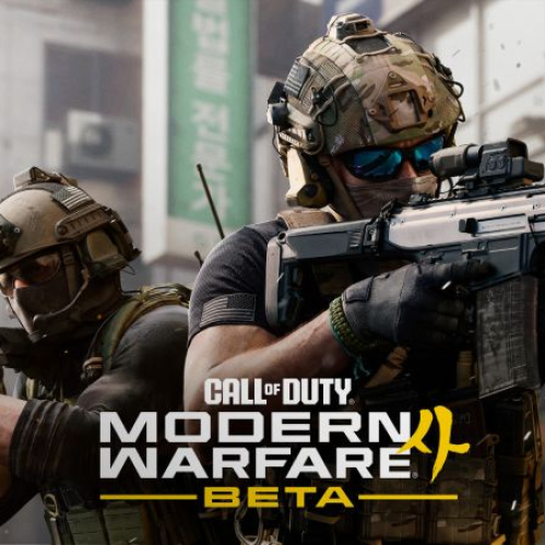 Arte promocional de la Beta de Call of Duty: Modern Warfare 4. En primer plano aparece un soldado táctico equipado con casco, gafas de sol reflectantes azules, chaleco antibalas y portando un rifle de asalto moderno apuntando hacia la derecha. A su lado se encuentra otro operador con máscara táctica y casco. En la parte inferior central destaca el logotipo oficial del juego "CALL OF DUTY MODERN WARFARE 4 BETA" sobre un fondo urbano con arquitectura asiática.