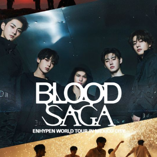 Arte promocional de ENHYPEN con estética contemporánea que anuncia su gira mundial Blood Saga.