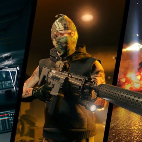 Arte promocional con escenas de acción y tecnología del nuevo golpe de GTA Online.