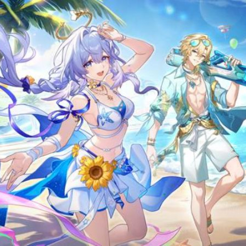 Arte promocional de la versión 4.5 de Honkai: Star Rail con temática de playa. En el centro aparece Robin Estival luciendo un traje de baño blanco y azul con detalles de girasol y estrellas de mar, con el cabello morado suelto. A su derecha, Aventurino Oleaje camina sonriendo con una camisa playera azul abierta, gafas de sol y cargando una pistola de agua grande sobre el hombro. De fondo se observa una playa tropical con palmeras, mar turquesa, flotadores y pajaritos con accesorios veraniegos.