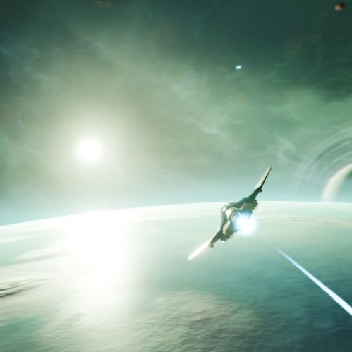 Captura de pantalla de gameplay del videojuego Rogue Eclipse. Muestra una nave espacial con propulsores encendidos volando sobre la atmósfera de un planeta iluminado por una estrella, con un agujero negro u órbita anillada visible al fondo en el espacio profundo.