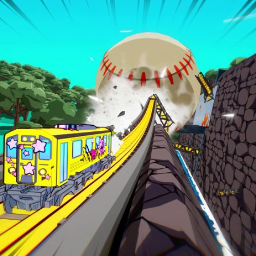 Captura de pantalla de un videojuego en primera persona o vista isométrica que muestra a un tren amarillo de estilo metropolitano, decorado con estrellas rosas y grafitis, avanzando por una vía férrea elevada. El tren está chocando contra una pelota de béisbol gigante que bloquea el camino, generando una explosión de humo blanco y escombros. A la izquierda se observa un paisaje verde con árboles de estilo poligonal, mientras que a la derecha hay un muro alto de piedra oscura texturizada. Líneas de velocidad enmarcan el cielo cian en la parte superior.