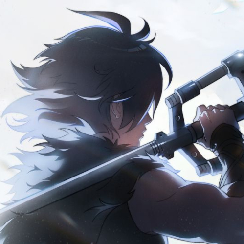 Ilustración al estilo anime de un personaje visto de espaldas en perfil contra un fondo claro. Presenta cabello oscuro puntiagudo, una vestimenta de tono oscuro con cuello de peluche y sostiene sobre el hombro una espada Keyblade metálica detallada.