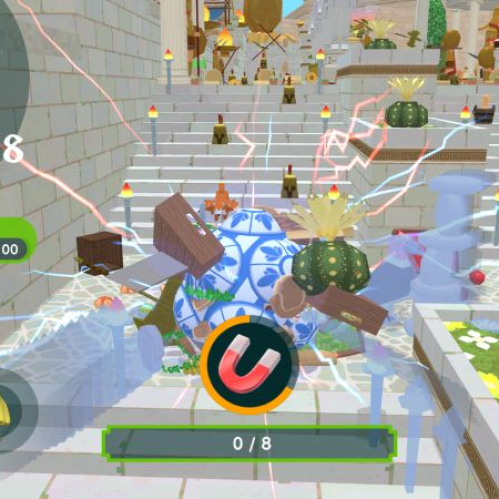 Captura de pantalla de Once Upon A KATAMARI que muestra una escena de estilo caricaturesco tridimensional con estética poligonal plana. En el centro, una bola azul decorada con patrones florales blancos se encuentra en unas escaleras de piedra gris claro, rodeada de rayos de energía de colores rosa y azul. Diversos objetos como cactus, cofres de madera y cascos de gladiadores están dispersos en los escalones. En la esquina inferior derecha, el personaje del Príncipe, de cuerpo verde cilíndrico y cabeza de martillo, corre mirando hacia la acción con expresión sorprendida. En la esquina superior izquierda se aprecia el retrato de un filósofo con barba gris sobre un fondo ornamental.