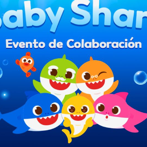 Imagen oficial del evento de colaboración entre Ragnarök Online y Pinkfong Baby Shark. Muestra a los cinco personajes animados de la familia Tiburón (bebé, papá, mamá, abuelo y abuela) en tonos amarillo, azul, rosa, verde y naranja sobre un fondo marino azul con burbujas y el texto "Baby Shark Evento de Colaboración".