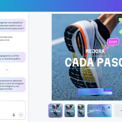Interfaz de diseño digital con elementos gráficos coloridos y una fotografía de una persona corriendo, acompañada por herramientas de edición y paneles de conversación.