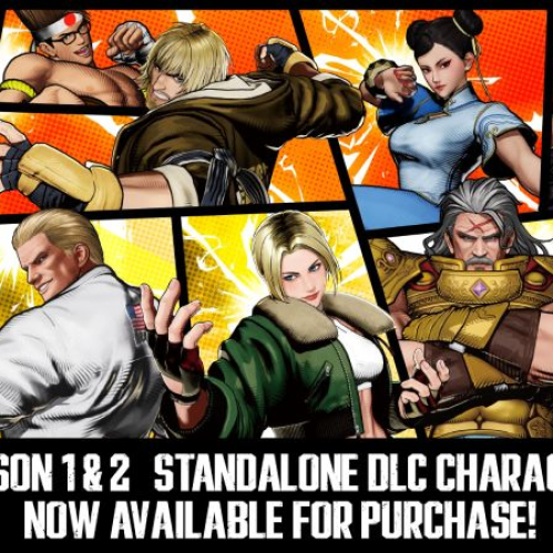 Póster promocional horizontal dividido en paneles estilo cómic que muestra la alineación de personajes de contenido descargable (DLC) independientes de la Temporada 1 y 2 del videojuego de peleas "FATAL FURY: City of the Wolves". En la fila superior se aprecian cinco luchadores posando enérgicamente: un hombre rubio con guanteletes rojos, un joven con banda en la frente, un guerrero rubio con chaqueta marrón lanzando un golpe, una peleadora asiática con traje de combate azul y un veterano con barba blanca, gafas de sol y chaleco morado. En la fila inferior se observan otros cinco personajes, incluyendo un joven de cabello azul con traje deportivo blanco, un hombre rubio de espaldas con gi blanco de karateka, una mujer rubia con chaqueta verde y camiseta blanca, un guerrero con armadura dorada y cicatriz en el rostro, y un hombre con máscara roja tradicional japonesa. En la parte inferior, una gran franja negra con letras blancas en mayúsculas muestra el texto "SEASON 1 & 2 STANDALONE DLC CHARACTERS NOW AVAILABLE FOR PURCHASE!".