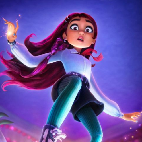 Ilustración animada de una joven flotando en un entorno mágico con objetos suspendidos a su alrededor.