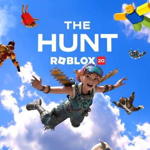 Arte promocional de The Hunt: Roblox 20 mostrando a múltiples avatares de Roblox cayendo desde un cielo azul con nubes y el logotipo del evento al centro.