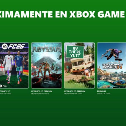 Banner promocional con varias portadas de videojuegos alineadas sobre un fondo verde, representando próximos lanzamientos en Xbox Game Pass.