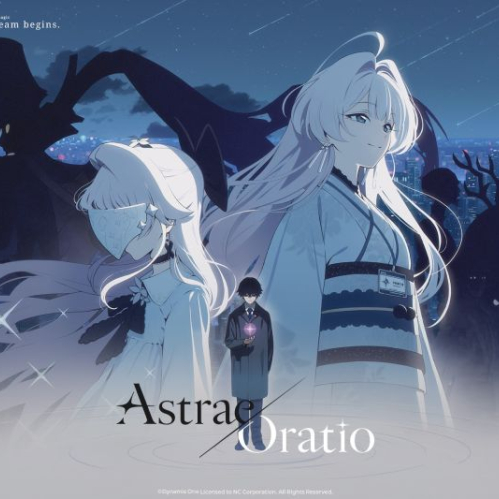 Ilustración en estilo anime promocional de Astrae Oratio. Muestra a dos personajes femeninas de cabello claro en primer plano y la silueta de un personaje masculino en el centro, sobre un fondo nocturno con vista panorámica a la ciudad iluminada y el lema "A new dream begins".