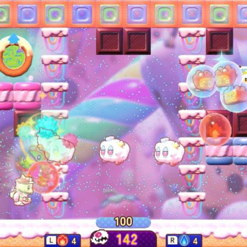 Escenario colorido de Bubble Bobble Sugar Dungeons Boosted con Bub enfrentando enemigos en una mazmorra de estilo dulce con plataformas y burbujas